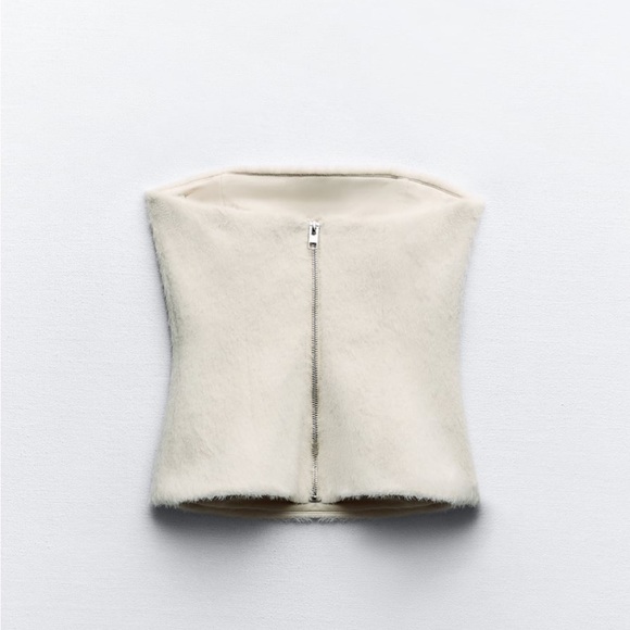 Zara NWT structured fuzzy / furry strapless tube top zipper back - Off white - Picture 6 of 8